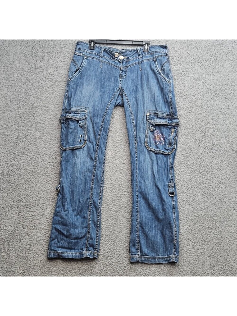 Apple Bottom Y2K Denim Cargo Pants Rhinestone Flower Multiple Pockets 13/14
